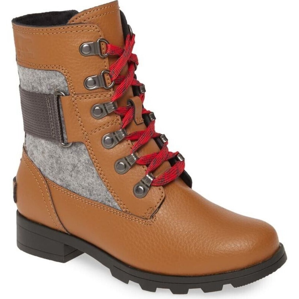 Sorel Emelie Conquest Waterproof‎ Moto Lace Up Boot Brown Leather Wool Girls 5